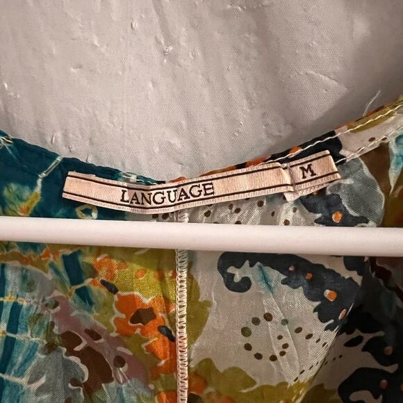 Language teal 100% silk tank top tie front shark bite hem size medium - Picture 3 of 5